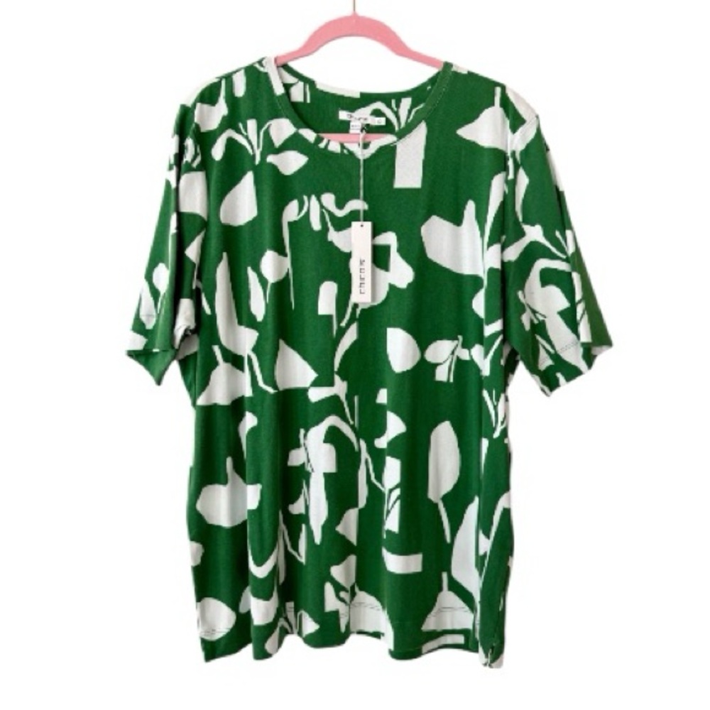 🆕 Chico's Abstract Everyday Elbow Sleeve green/white Tee *NWT* $55.50 size: XXL